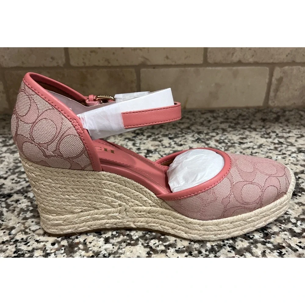 NEW Coach Raine Espadrille Signature Jacquard Pink Wedge Heel Strap Size 10